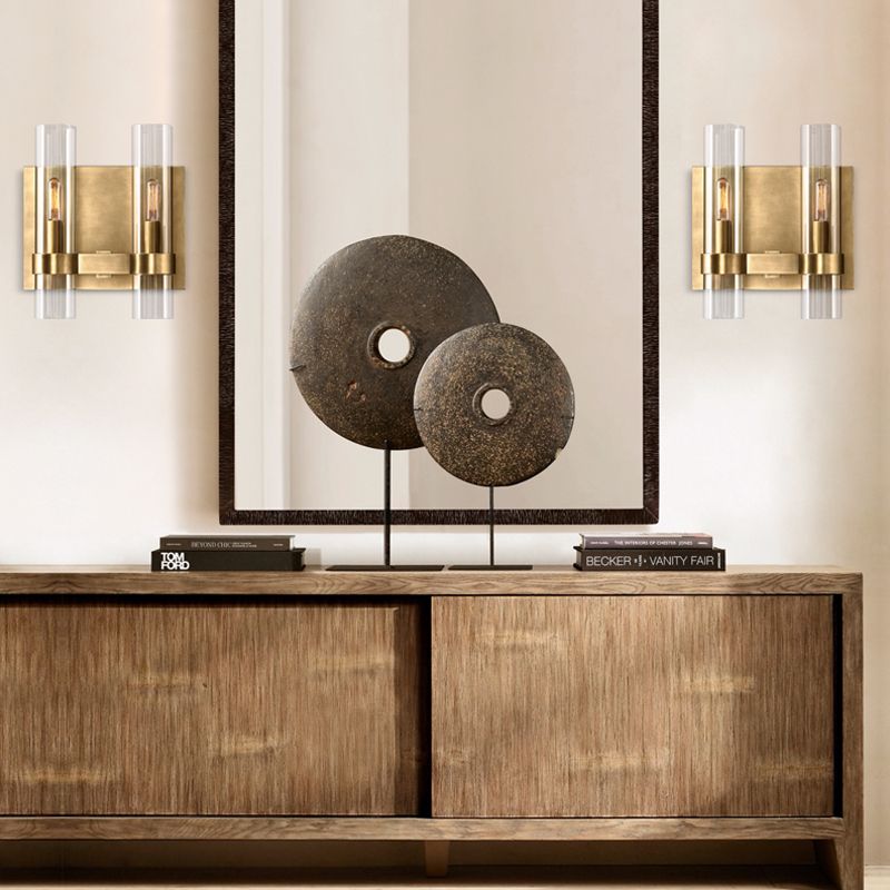 Clear Glass Symmetrical Tube Wall Sconce Modernist 2 Heads Black/Brass Armed Wall Light Fixture