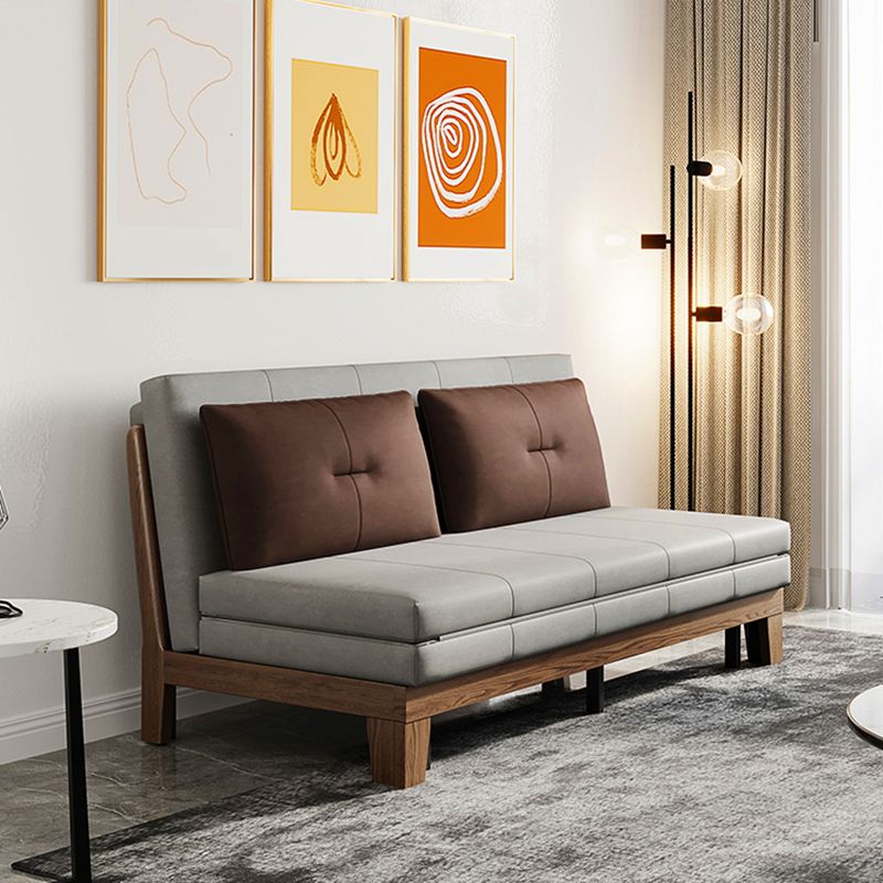 Faux Leather Armless Contemporary Bed Settee with Pillows in Grey