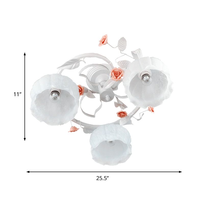 3 Lights White Glass Semi Flush Korean Garden Flower Living Room Close to Ceiling Lighting