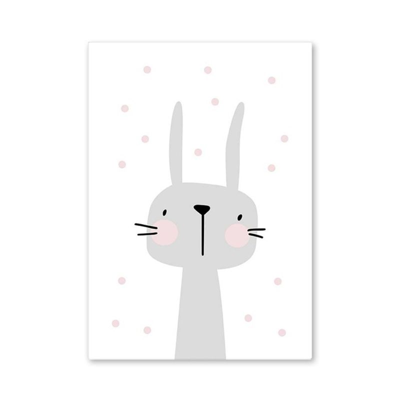 Cartoon Rabbit Painting Gray Children's Art Style Wrapped Canvas for Family Room