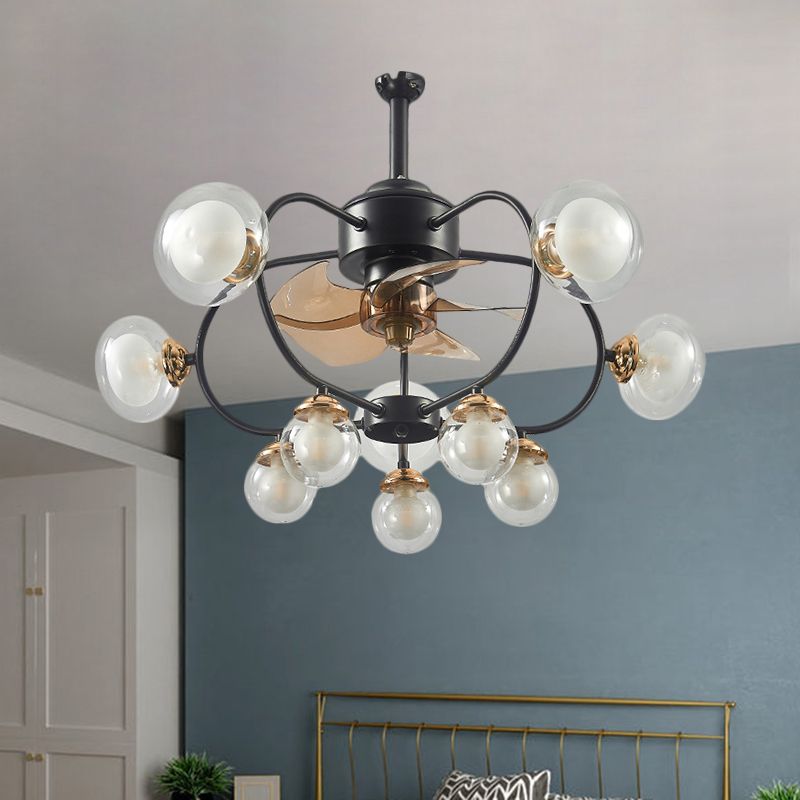 25,5 "w modernismo sfera semi -filo vetro trasparente 10 lampadine telaio per ventola in nero, 4 lame