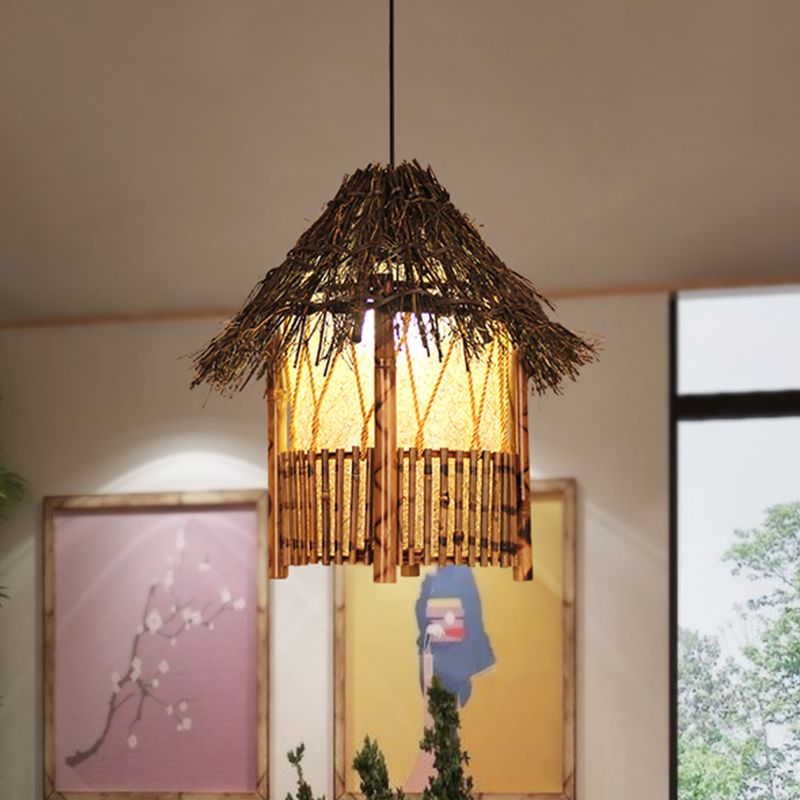 1 Head Handcrafted Pendant Light Chinese Wood Suspended Lighting Fixture in Brown