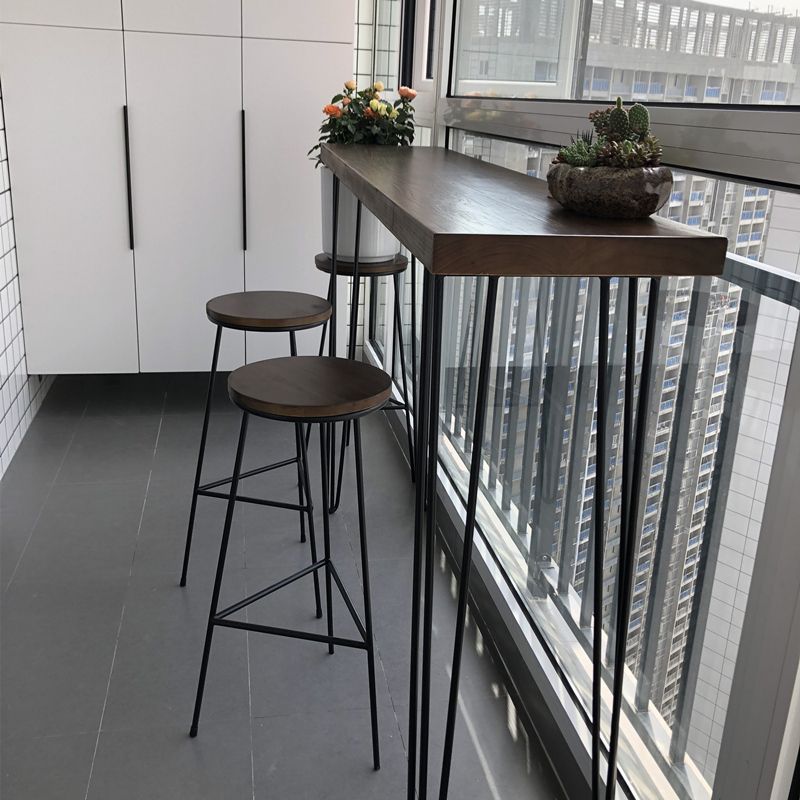 Solid Wood Brown Bar Table Black Legs and Metal Base Bar Table