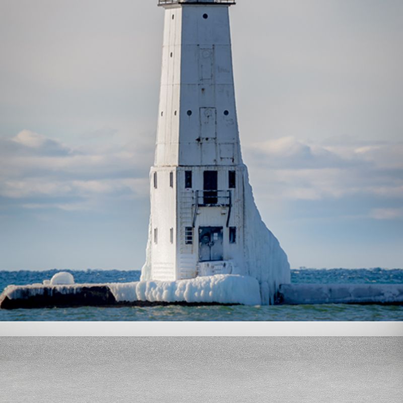 Huge Tall Lighthouse Mural Decal for Bathroom Landscape Wall Art in White, Stain-Proof