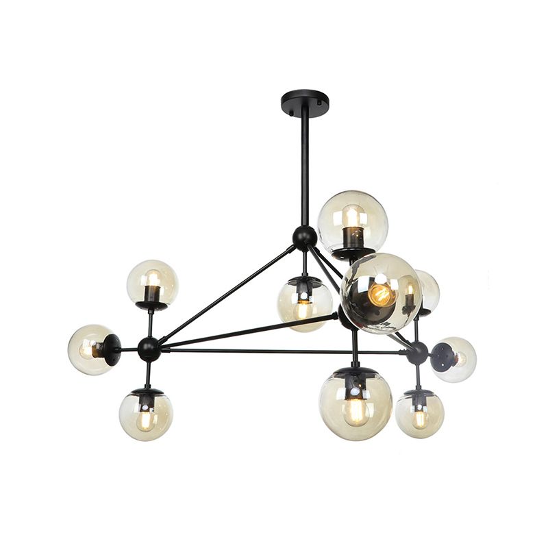 Black Triangle Frame Chandelier Modern 10 Heads Metal Pendant Light Fixture with Globe Cognac Glass Shade