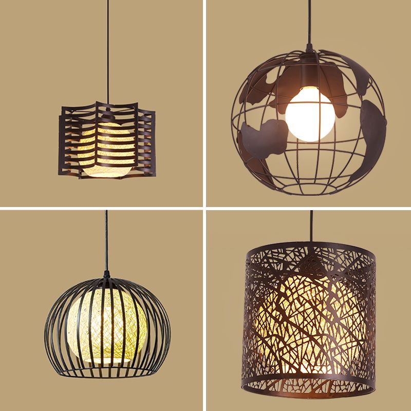 1 Head Cage Suspended Lighting Fixture Retro Metal Black Pendant Lamp for Restaurant