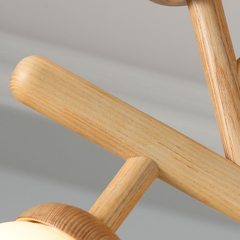 Lampadario ramo di legno moderno a ciondolo multi-testa con tonalità di vetro bianco