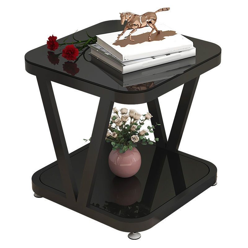 Modern Metal and Glass End Table Square Trestle End Table for Living Room