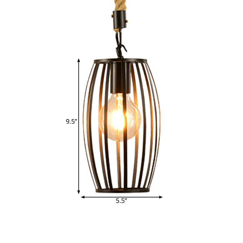 1 Light Metal and Rope Hanging Light Farmhouse Style Black Globe/Cylinder/Barrel Cage Dining Room Pendant Lamp