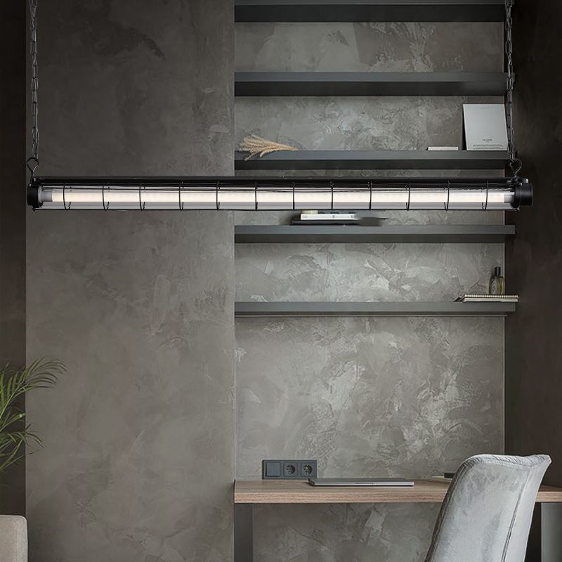 Black Metal Island Light Fixture Industrial Cylinder LED Hanging Lamp with Glass Shade