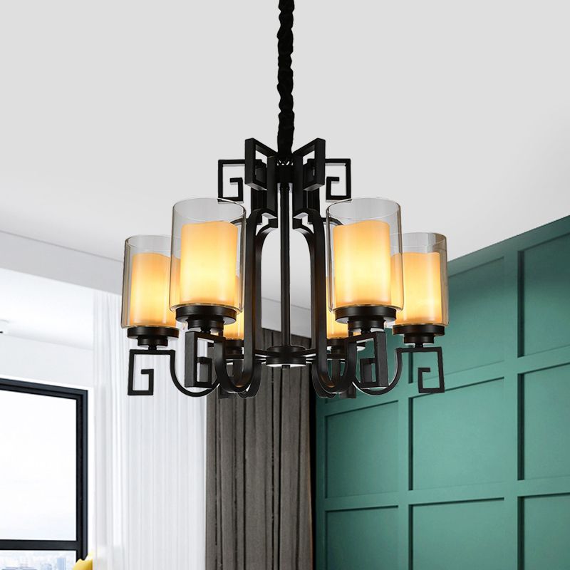 Lampada del lampadario cilindri rurali 6 luci a soffitto in vetro trasparente in nero con braccio attorcigliato