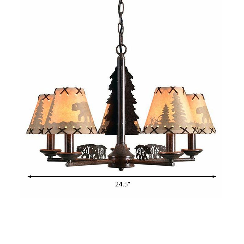 Cone Metal Chandelier Lighting Fixture Rural 5 Heads Dining Room Hanging Ceiling Light in Black with Beige Fabric Shade