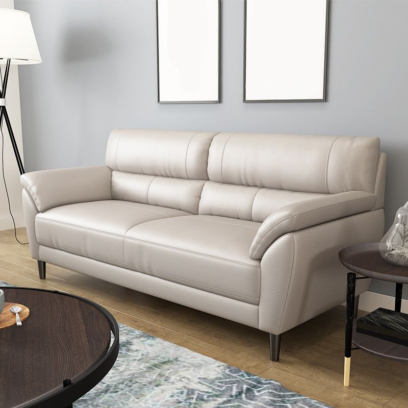 Contemporary Leather Pillow Top Arm Beige Sewn Pillow Back Sofa Couch