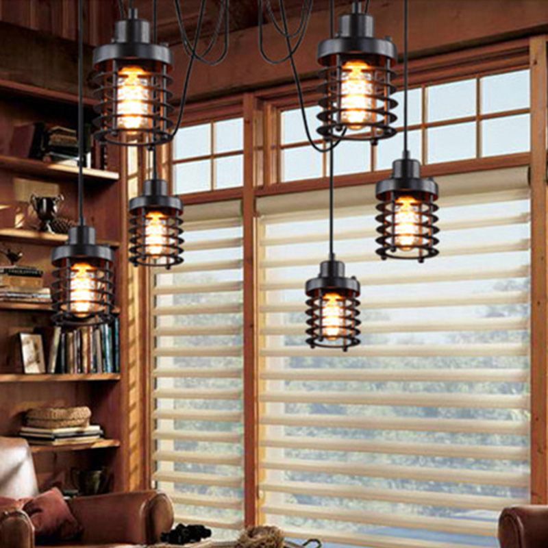 6 Leichte Eisendecke Beleuchtung Bauernhausstil Schwarz Zylinder Käfig Schatten Schlafzimmer Hängende Leuchte mit Spinnendesign