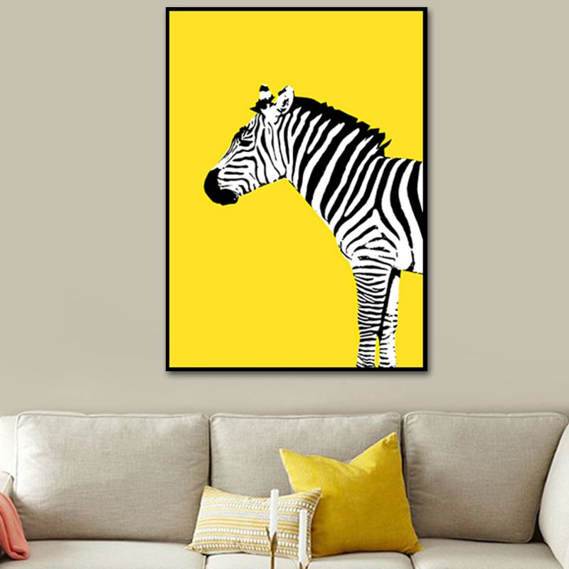 Childrens Art Zebra Canvas Living Room Wall Decoration in Black and White on Yellow