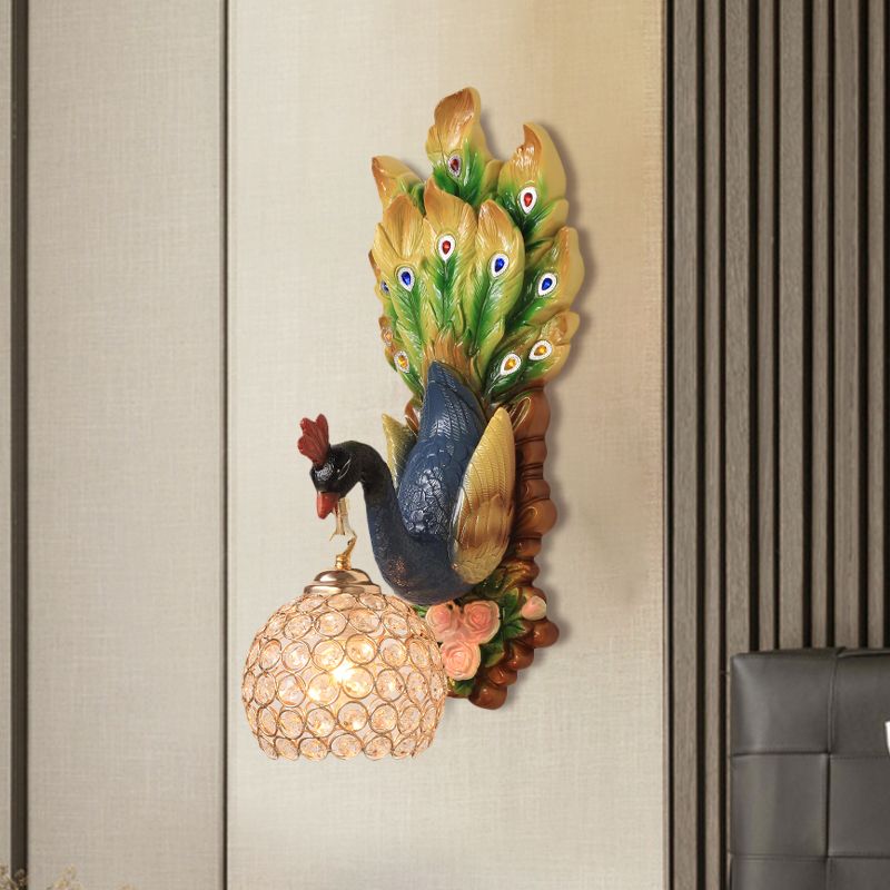 Spherical Bedroom Wall Sconce Farmhouse Clear Faceted Crystal 1 Light Blue/Green/Gold Wall Mounted Lighting with Peacock Design