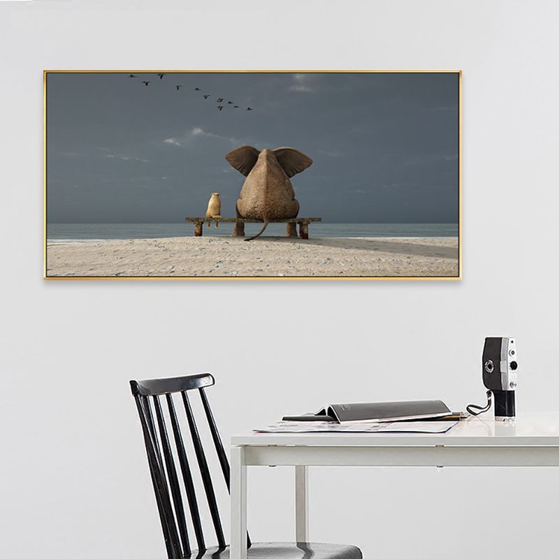 Peinture contemporaine de chambre à coucher de couleur douce d’éléphant et de chien, tailles multiples