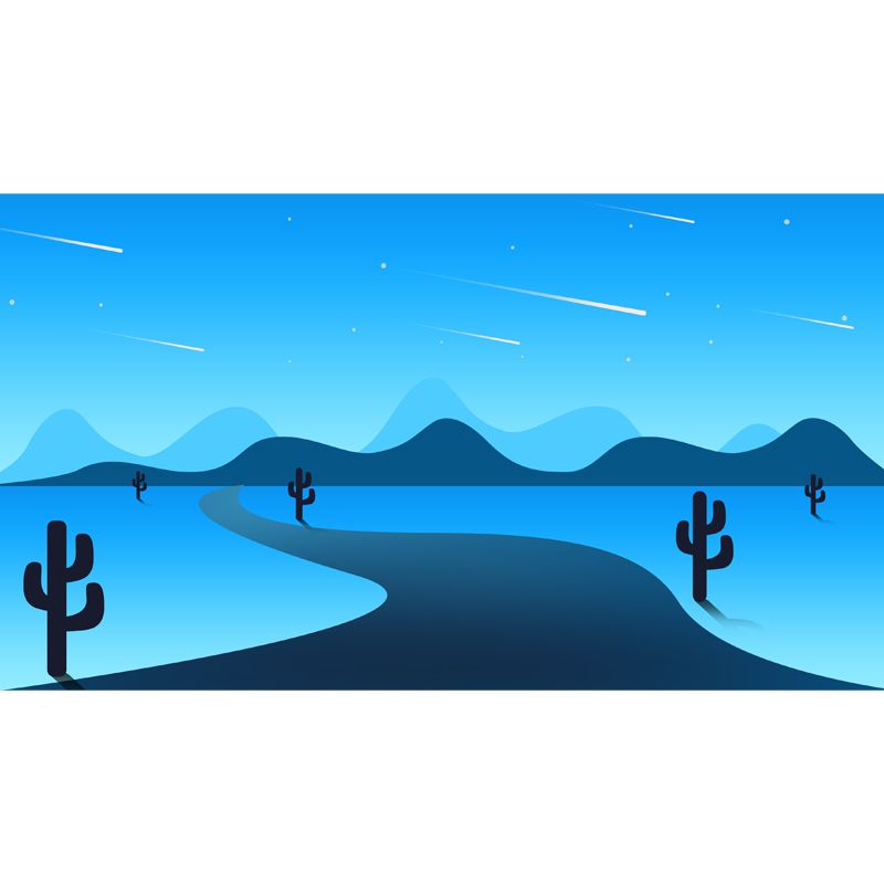 Personalized Illustration Modern Mural with Pathway Cactus and Night Meteor Pattern in Blue