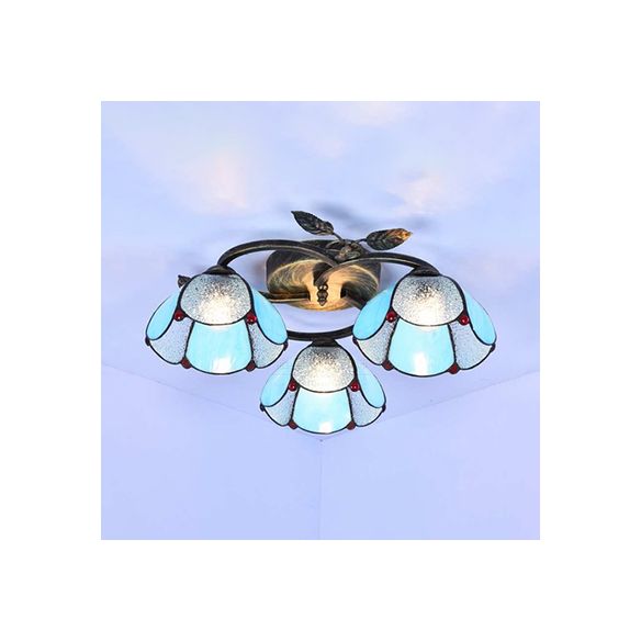 Geometric Ceiling Light Fixture with Pattern Tiffany Stained Glass 3 Lights Flushmount Ceiling Light in Bronze