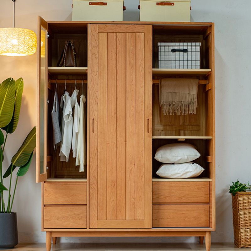 Wooden Kid's Wardrobe in Brown High Gloss Coat Locker with Garment Rod