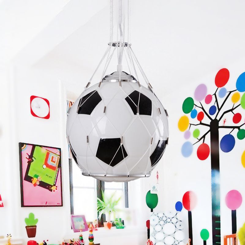 Cartoon Football Hanging Light White Glass 1 Light Kids Room Pendant Lamp in Black with Mesh