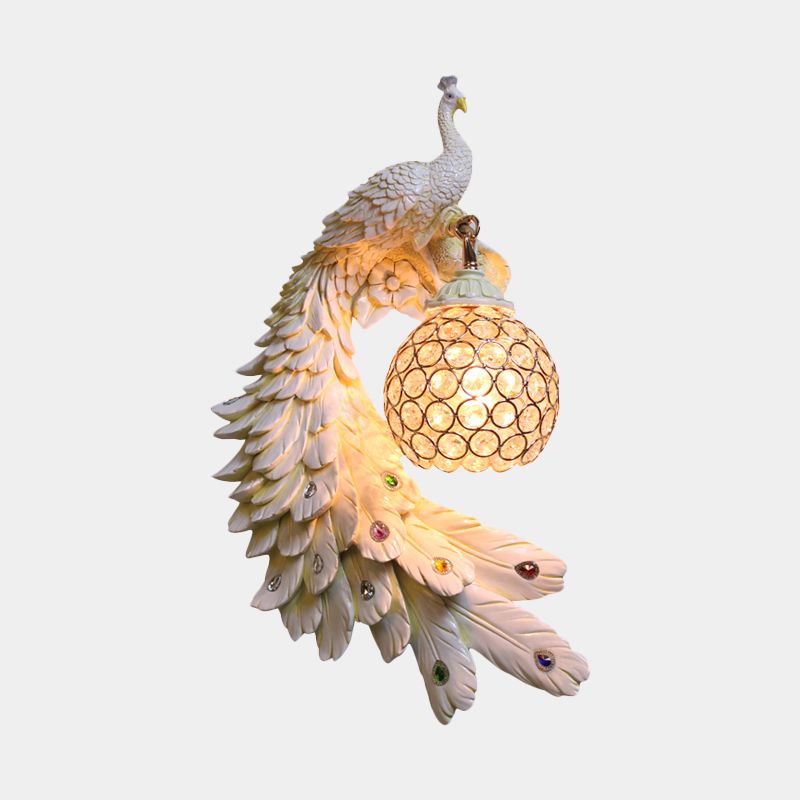 Cotta de pared de pavo real un solo cabeza Cottage White/Red/Blue Resin Wall Lighture con sombra de cristal K9 transparente, izquierda/derecha