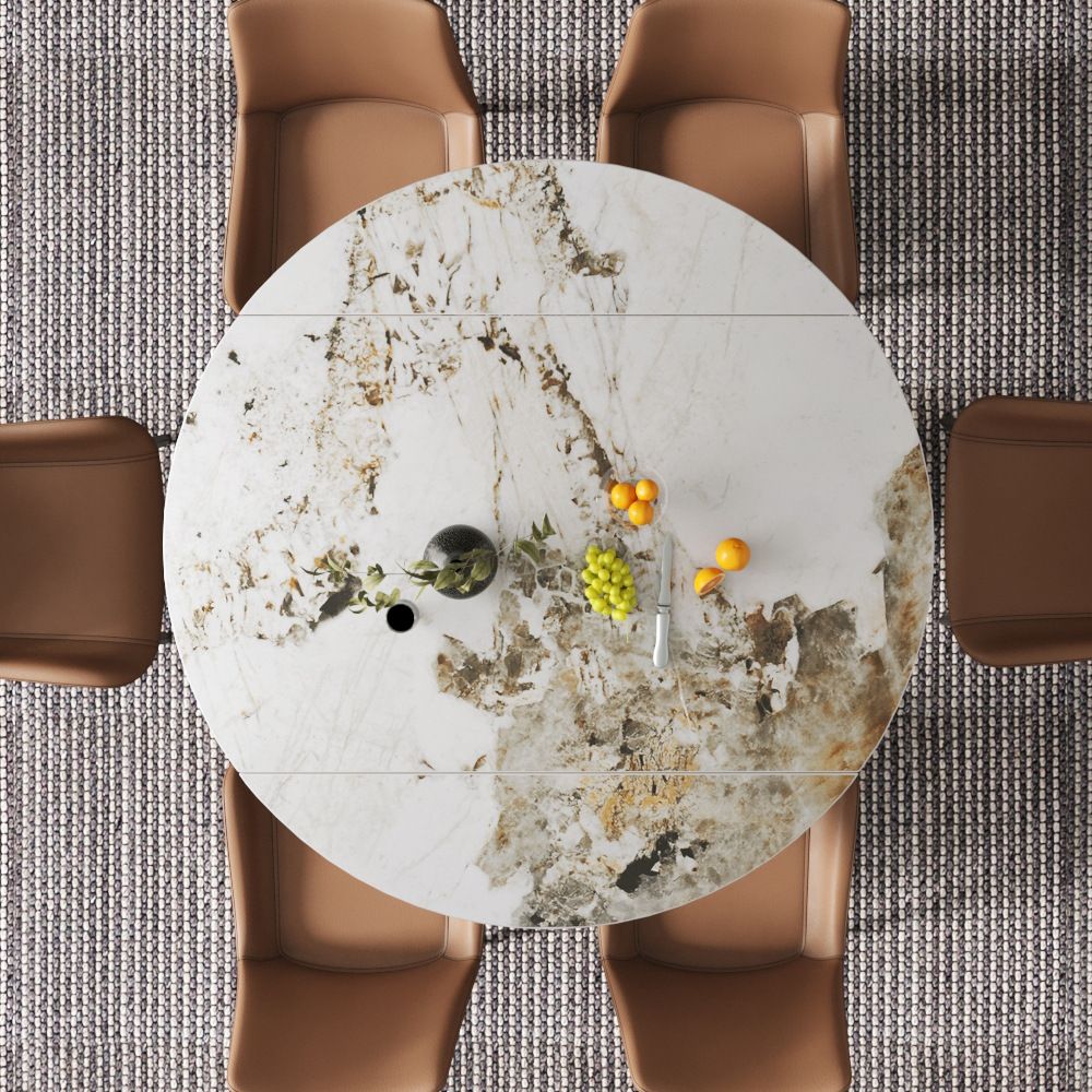 Mesa de comedor de lujo tradicional mesa de pedestal de piedra sinterizada con base de metal