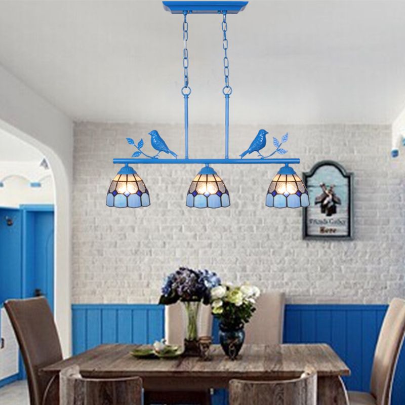 3 Bulbs Indoor Island Pendant Light Tiffany Style Antique Brass/Black/Blue Hanging Light with Dome Stainless Glass Shade