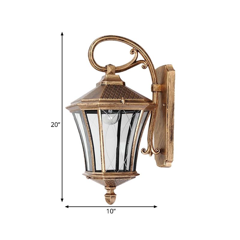 1 Bulb Wall Light Sconce Classic Lantern Clear Glass Wall Mount Lamp in Bronze with Swooping Arm
