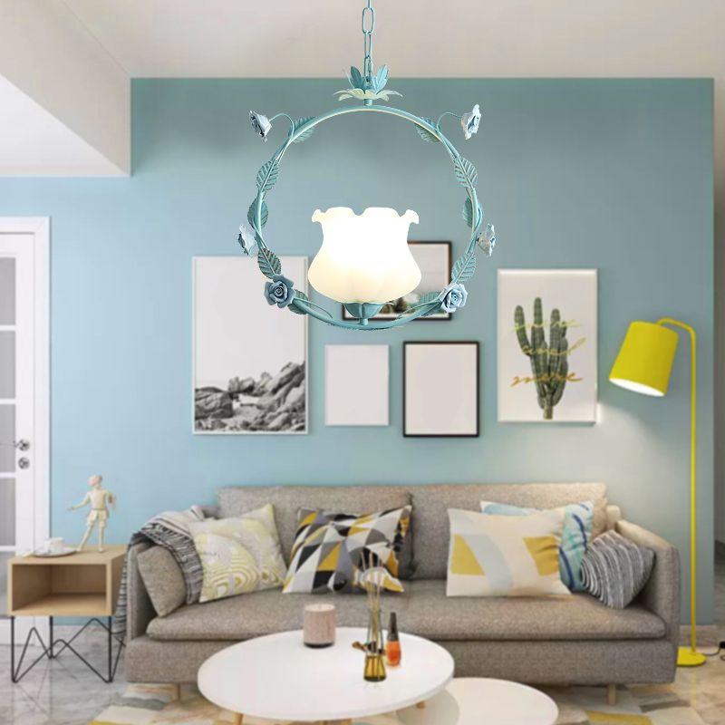 Pastoral Bud Ceiling Light Single-Bulb Cream Glass Hanging Pendant Light with Floral Hoop