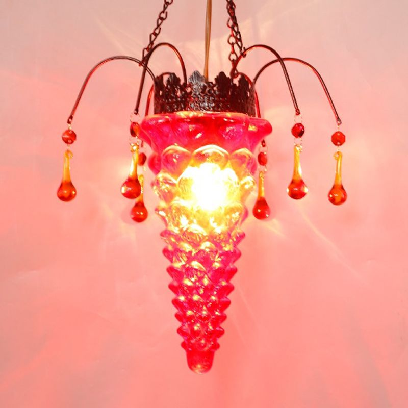 Textured Glass Conical Ceiling Pendant Light Vintage 1 Light Red/Yellow/Blue Dining Room Suspension Lighting Fixture
