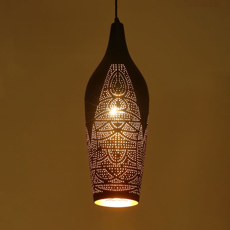 Carved Pendant Lighting Decorative Metal 1 Bulb Ceiling Suspension Lamp in Black