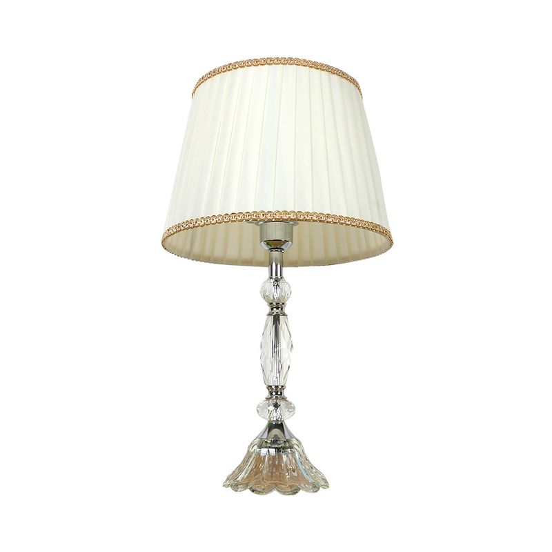 1 Light Pleated Shade Table Lamp Traditional White Fabric Night Light with Crystal Base
