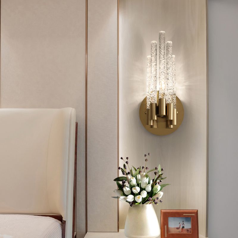 Tubular Sconce Lighting Simple Style Clear Rippled Crystal 2-Head Bedroom Wall Light in Brass
