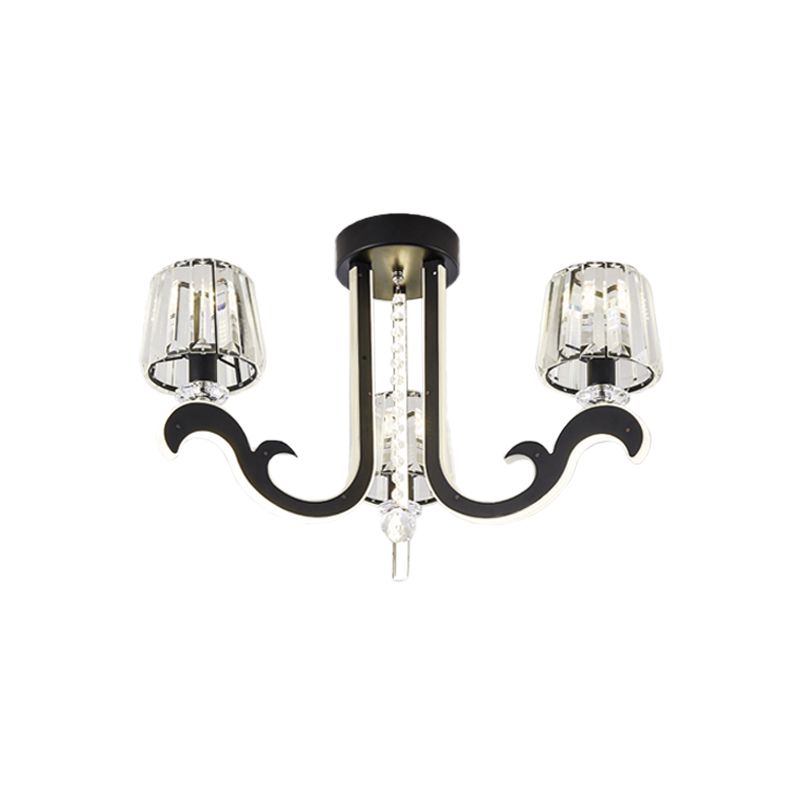 3-Light Bedroom Semi-Flush Ceiling Light Modern Black LED Flush Mounted Lamp with Cone Crystal Block Shade