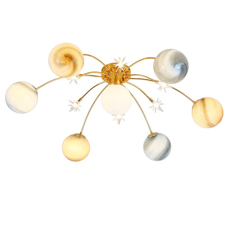 Plafonnier radial artistique moderne en fer forgé avec abat-jour en verre coloré