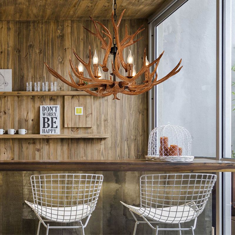 Resin Antler Design suspension du lustre rural 6 lumières Plafond de plafond de restaurant en marron