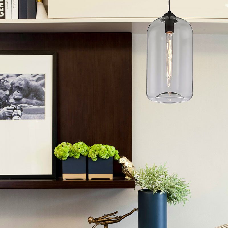 8"/10" Wide Clear/Amber/Smoky Glass Cylindrical Pendant Light Contemporary 1 Light Black Hanging Lamp Fixture