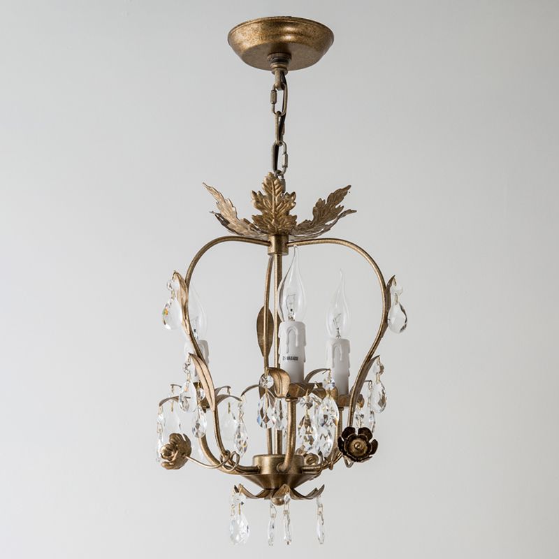12,2 "breites Vintage Rustikalstil Kristallkronleuchter Licht 3 Licht Metallic Blatt dekoratives Schlafzimmer Anhänger Licht in Gold