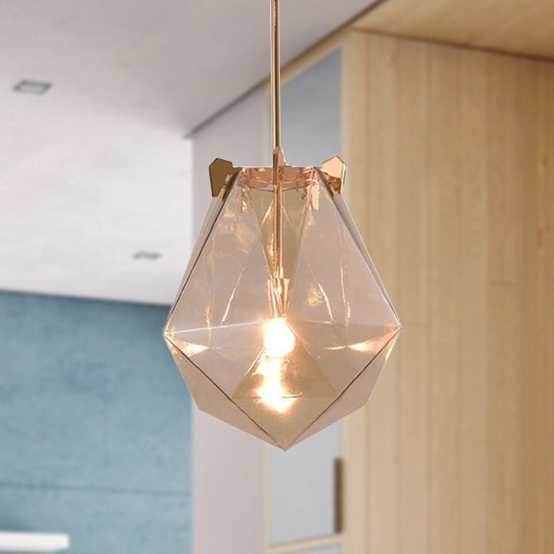 1 Light Bedroom Pendant Lamp Modern Smoke Gray/Cognac Hanging Light with Geometric Glass Shade, 10"/14" Wide