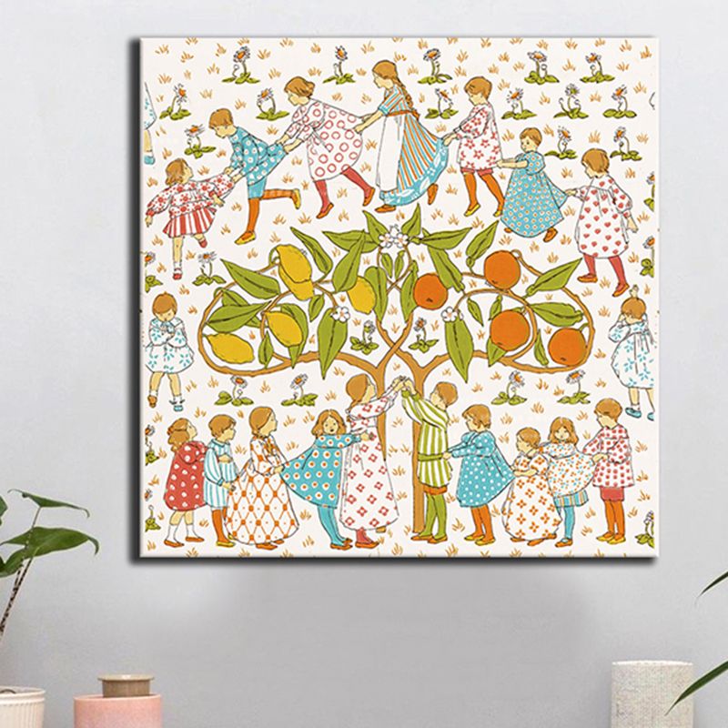 Tree and Kids Canvas Print Textured Children's Art Kids Bedroom Wall Decor in Orange