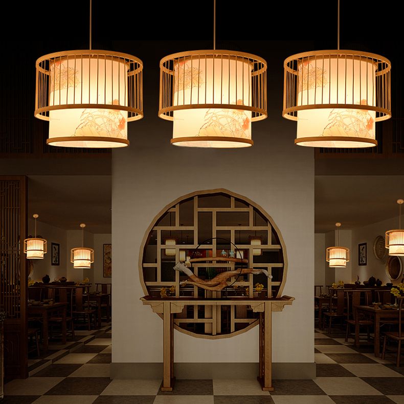 Asia Lantern Pendant Lighting Bamboo 1 Bulb Restaurant Hanging Light in Wood