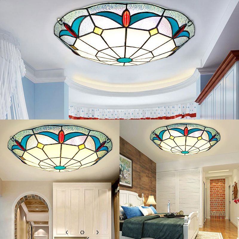 Stained Glass Bowl Flush Mount Light 12"/16" Width Nautical Indoor Ceiling Light in White for Living Room