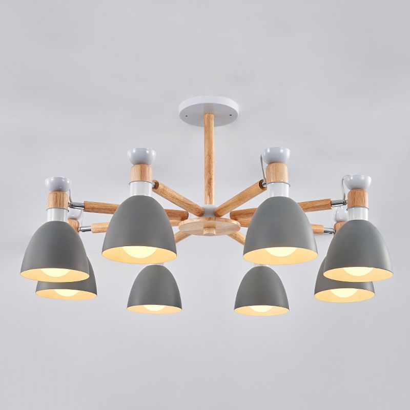 Macaron Style Bell Chandelier Lighting Metal Bedroom Hanging Light avec une tige en bois