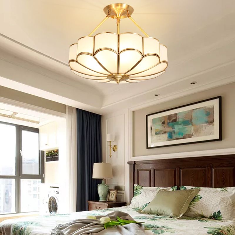 Brass Shaded Ceiling Mounted Fixture Traditional Bedroom Close to Ceiling Chandelier