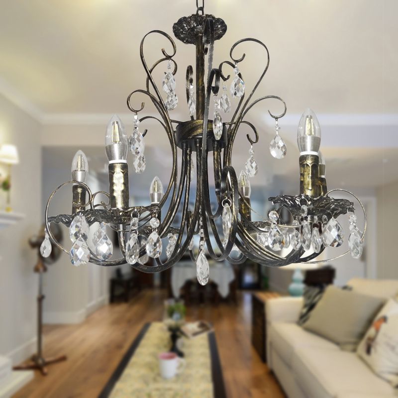 Chandelier de bougie courbe en bronze French Style 6 Lumières Éclairage de plafond en fer avec accent en cristal