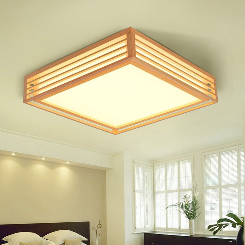 Wood Square Flush Ceiling Light Japanese Flush Mount Lighting Fixture for Bedroom