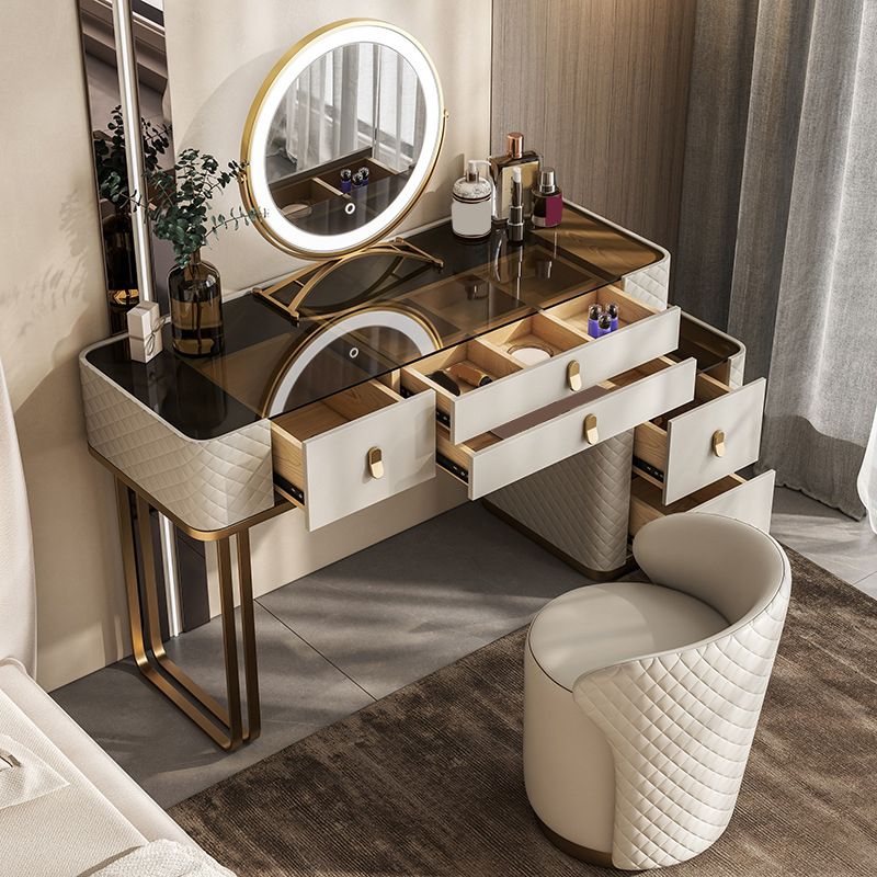 5-Drawer Vanity Makeup Table Set Glam Glass Top Vanity Table with Stool - 17.72" D