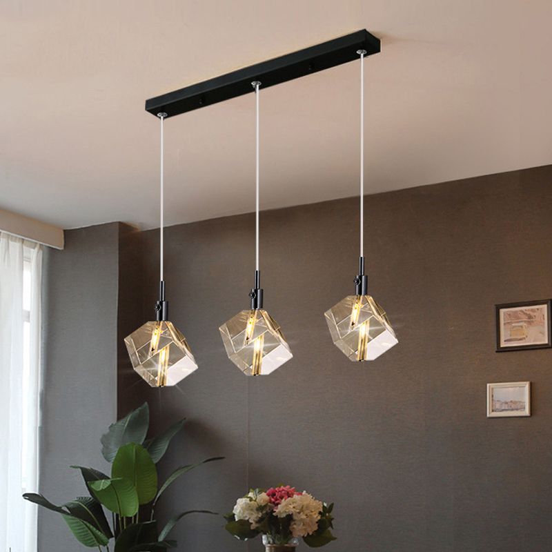 Schwarzes Finish-Würfel Anhänger Licht Einfaches 3-Licht-Kristallglas Mehrfachhanglampe