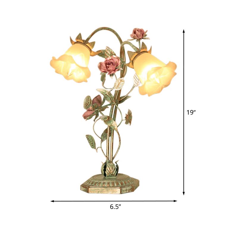 Flared Bedroom Night Table Light Pastoral Metal 1/2 Lights Green Nightstand Lamp with Flower Decoration